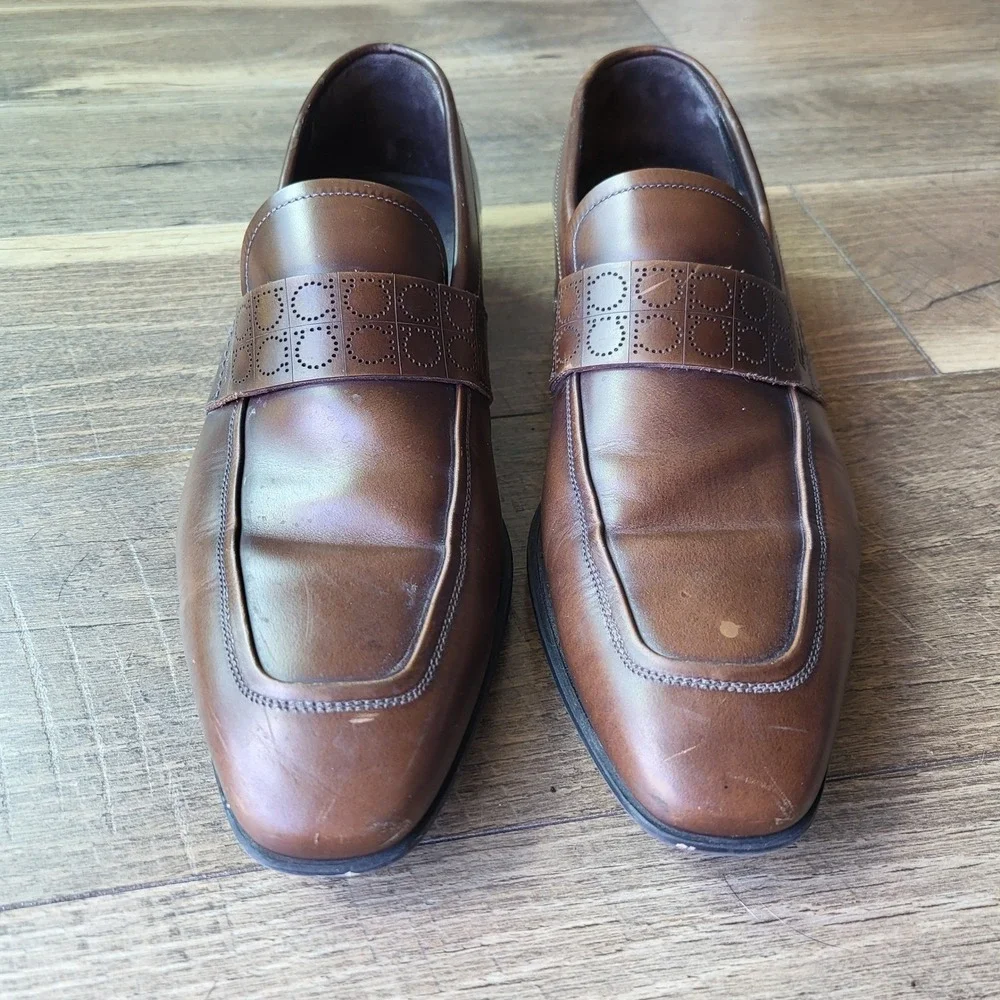 Salvatore Ferragamo Mens Brown Leather Gancini Monogram Loafers Shoes LC 41246